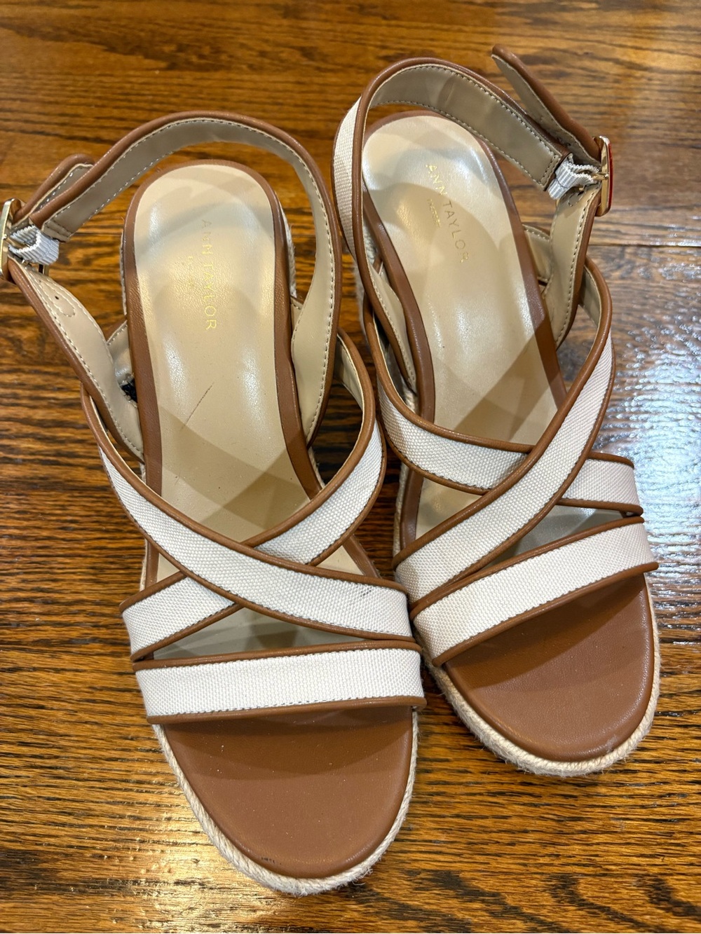 Ann Taylor Cream and Brown Espadrille Wedge Sandals